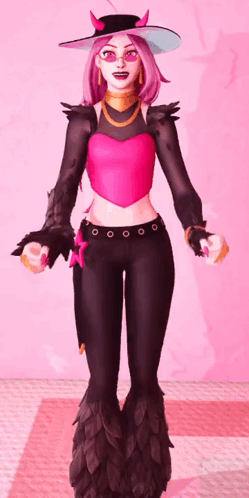 A Girl With Pink Hair And Horns Is Wearing A Witch Costume GIF