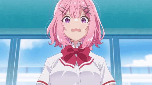 A Girl With Pink Hair And Purple Eyes Is Wearing A White Shirt And A Red Bow Tie GIF