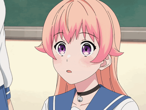 a girl with pink hair and purple eyes looks surprised