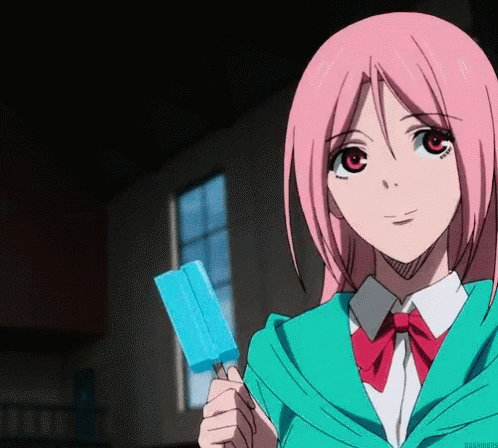 A Girl With Pink Hair And Red Eyes Is Holding A Blue Ice Cream Bar . GIF