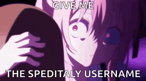 A Girl With Pink Hair And Red Eyes Is Holding A Purple Object And Asking For The Username . GIF
