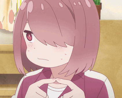 A Girl With Pink Hair And Red Eyes Is Holding A White Cup GIF
