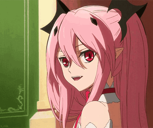 A Girl With Pink Hair And Red Eyes Is Standing In Front Of A Green Book GIF