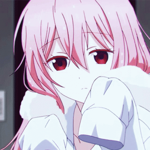 A Girl With Pink Hair And Red Eyes Is Wearing A White Jacket GIF