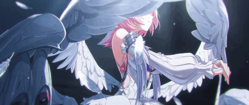 A Girl With Pink Hair And White Wings Is Sitting In The Dark GIF