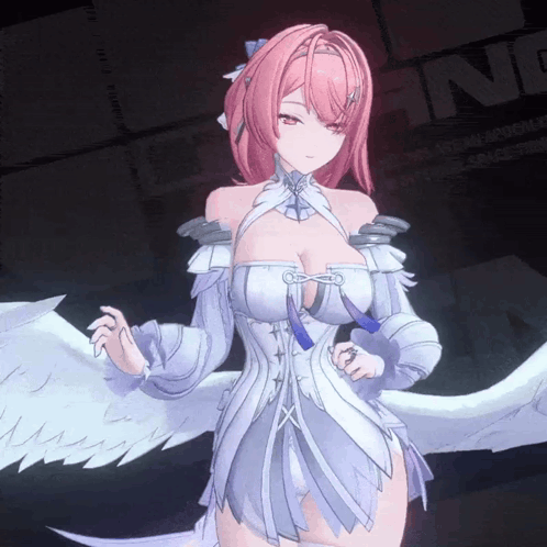 A Girl With Pink Hair And White Wings Is Standing In Front Of A Sign That Says " N " GIF