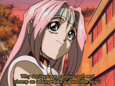 A Girl With Pink Hair Is Asking Why Don T You Go To Your Room And Chomp On A Burger Like A Good Little Boy GIF
