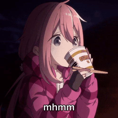 A Girl With Pink Hair Is Drinking From A Cup Of Curry GIF
