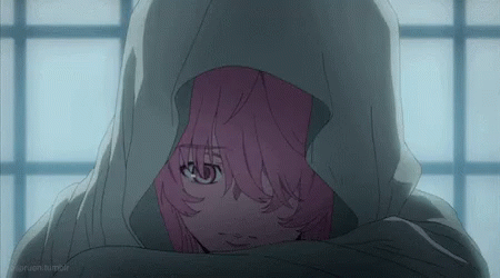 A Girl With Pink Hair Is Hiding Behind A Blanket . GIF