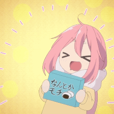 A Girl With Pink Hair Is Holding A Blue Box That Says ' Mochi ' On It GIF