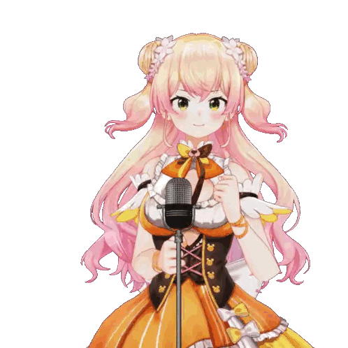 a girl with pink hair is holding a microphone and smiling