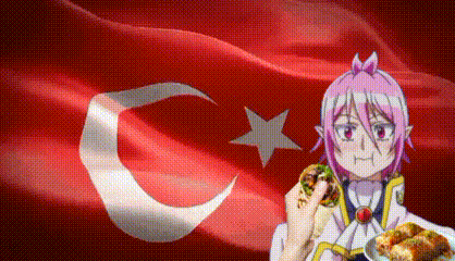 A Girl With Pink Hair Is Holding A Plate Of Food In Front Of A Flag . GIF