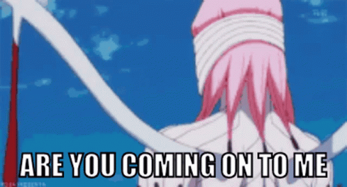 A Girl With Pink Hair Is Holding A Sword And The Words Are You Coming On To Me Are Above Her GIF