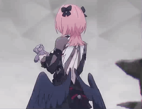 A Girl With Pink Hair Is Holding A Teddy Bear In Her Hand GIF