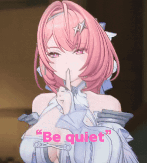 A Girl With Pink Hair Is Holding Her Finger To Her Lips And Says " Be Quiet " In Pink GIF