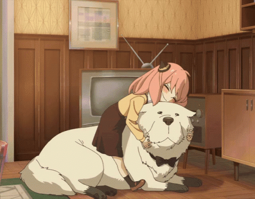 A Girl With Pink Hair Is Hugging A White Dog In Front Of A Tv GIF