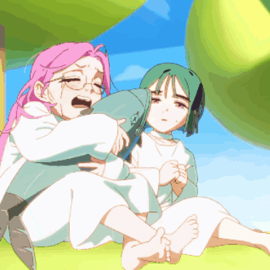 A Girl With Pink Hair Is Hugging Another Girl GIF