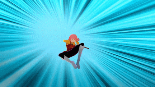 A Girl With Pink Hair Is Jumping In The Air With A Blue Background GIF
