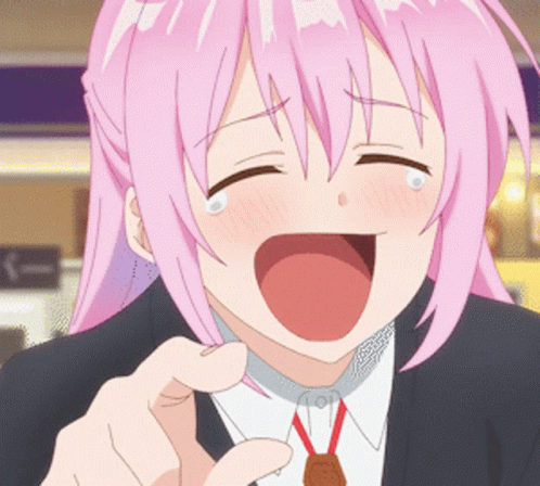 A Girl With Pink Hair Is Laughing With Her Mouth Open GIF