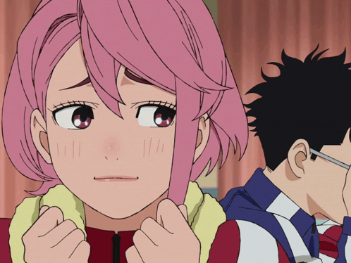 A Girl With Pink Hair Is Looking At Something GIF
