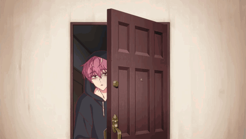 A Girl With Pink Hair Is Peeking Out From Behind A Door GIF