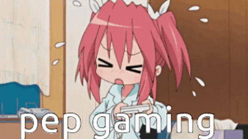 a girl with pink hair is playing a video game and the words pep gaming are visible