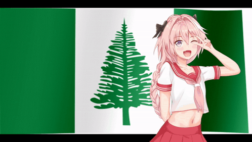A Girl With Pink Hair Is Saluting In Front Of A Flag GIF
