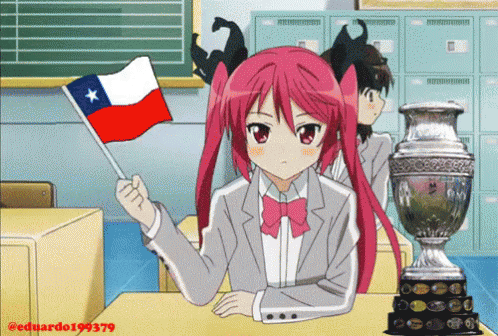 A Girl With Pink Hair Is Sitting At A Desk Holding A Flag And A Trophy GIF