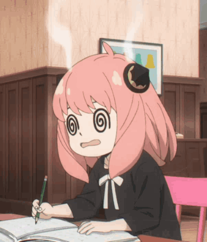 A Girl With Pink Hair Is Sitting At A Table Writing In A Book GIF