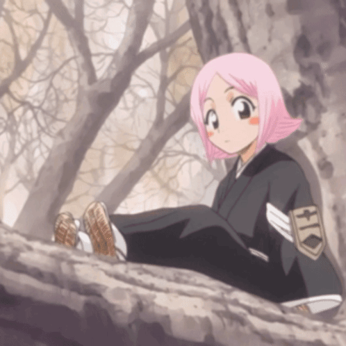 A Girl With Pink Hair Is Sitting On A Tree Branch With A Patch That Says Hk GIF