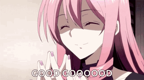 A Girl With Pink Hair Is Smiling And Says Good Goooood GIF