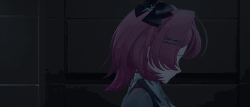 A Girl With Pink Hair Is Standing In A Dark Room With A Window . GIF