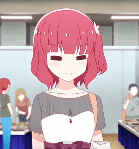 A Girl With Pink Hair Is Standing In A Room With People GIF