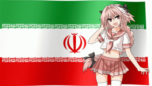 A Girl With Pink Hair Is Standing In Front Of A Flag With Arabic Writing On It GIF