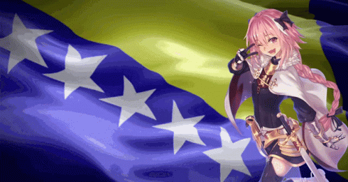 a girl with pink hair is standing in front of a flag with white stars