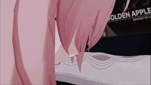 A Girl With Pink Hair Is Standing In Front Of A Golden Apple Sign GIF