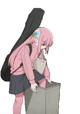 a girl with pink hair is standing next to a trash can with a guitar case on her head