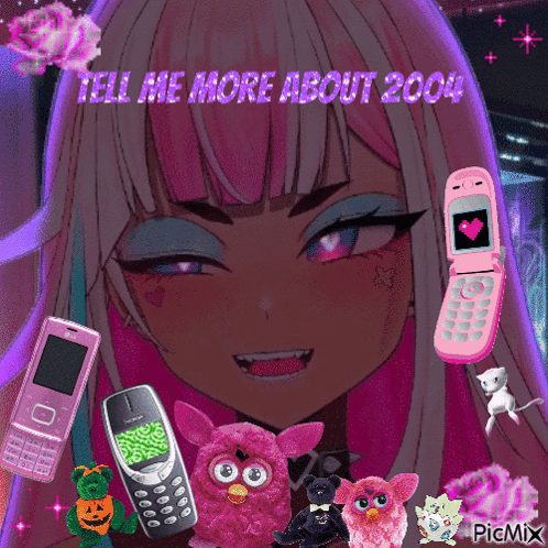 Girl With Pink Hair Surrounded By Stuffed Animals And Phones GIF