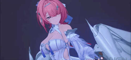 A Girl With Pink Hair Is Wearing A White Dress And A Purple Background GIF