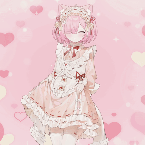 A Girl With Pink Hair Is Wearing A White Dress With Ruffles GIF