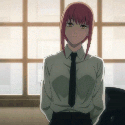 A Girl With Pink Hair Is Wearing A White Shirt And Black Tie GIF