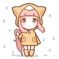 a girl with pink hair is wearing a yellow raincoat and holding an umbrella .