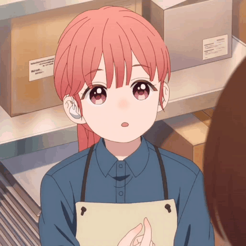 A Girl With Pink Hair Is Wearing An Apron And A Blue Shirt GIF