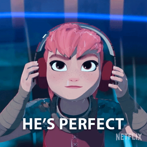 A Girl With Pink Hair Is Wearing Headphones And Says He 'S Perfect On The Bottom GIF