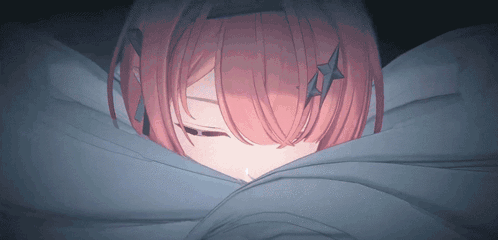 A Girl With Pink Hair Is Wrapped In A Blue Blanket GIF