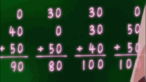 A Girl With Pink Hair Stands In Front Of A Blackboard With Numbers On It GIF