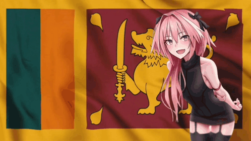 A Girl With Pink Hair Stands In Front Of A Flag GIF