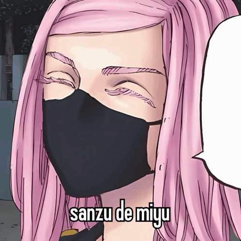 A Girl With Pink Hair Wearing A Black Mask With The Words Sanzu De Miyu Written On It GIF