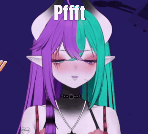 A Girl With Purple And Green Hair And Horns Has The Word Pfft On Her Head GIF
