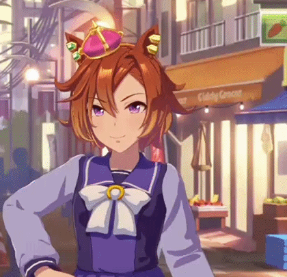 A Girl With Purple Eyes And A Crown On Her Head Is Standing In Front Of A Building . GIF